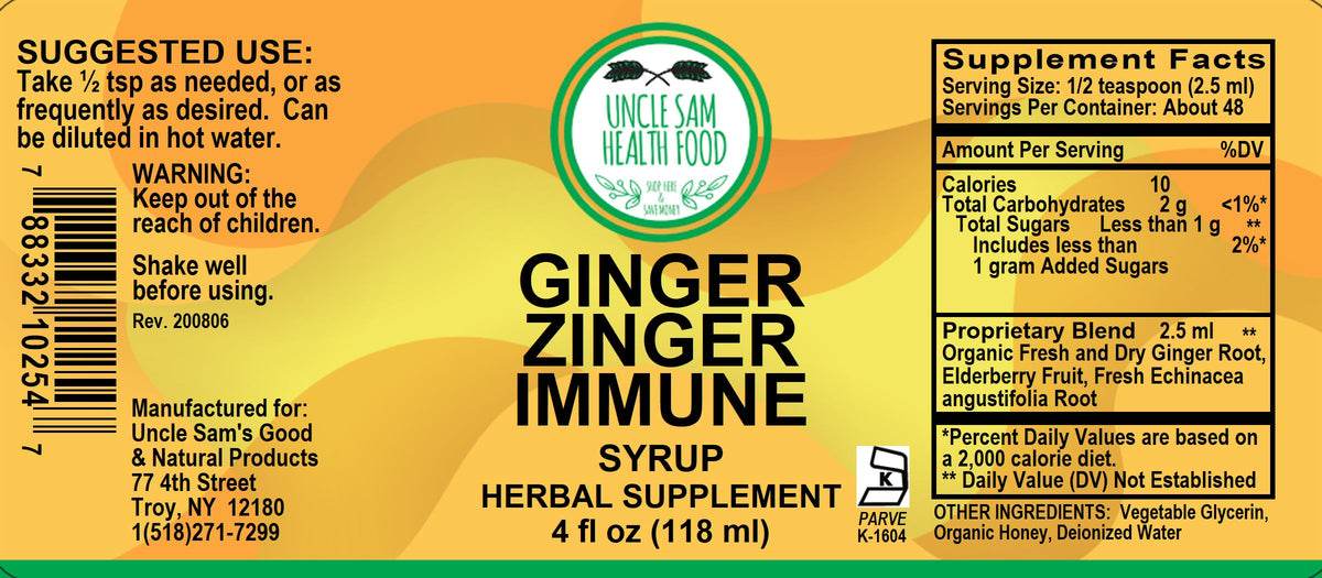 Ginger Zinger Immune Syrup Uncle Sam’s Health Food